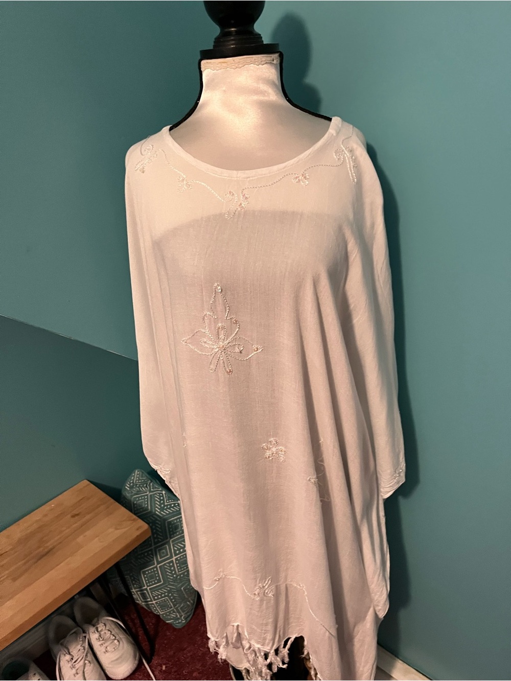 White Embroidered Boho Cover up
/ Poncho  with Fringe